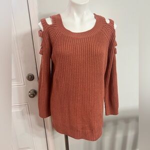 Orange Chunky Knit Crew Neck Sweater with Cut-Out Shoulders